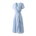 Fresh Blue Leaf V-Neck Fitted One-Piece Dress Made of Mulberry Silk Crepe Print
