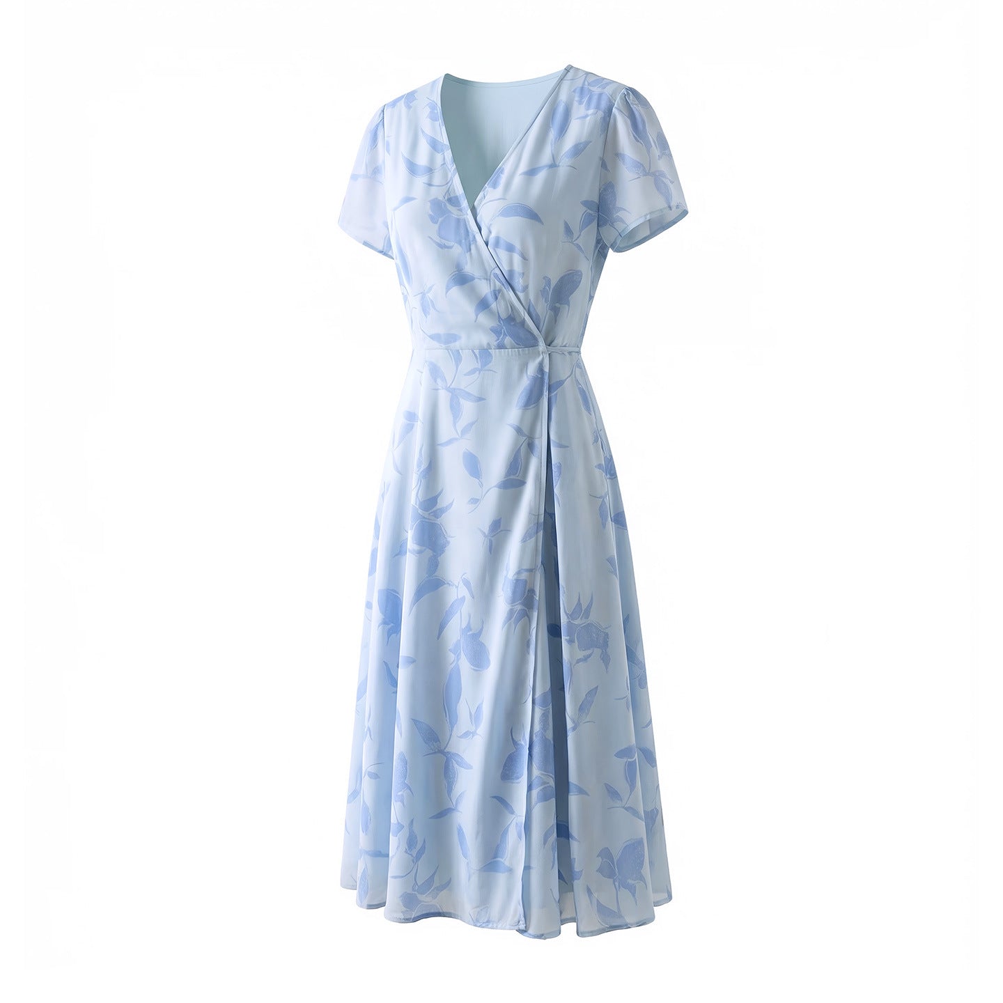 2026 New Summer One-Piece Dress 100% Mulberry Silk Crepe De Chine Print Fresh Blue Leaves V-Neck Waist