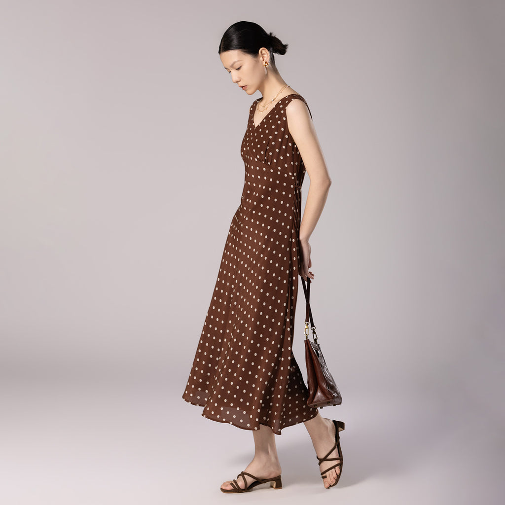 Brown Polka Dot V-Neck Fitted Waist Silk Bias Cut Dress