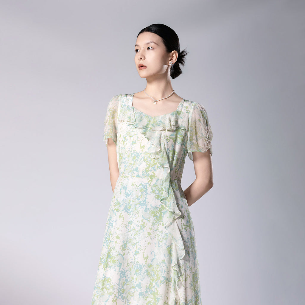 Printed Square Neckline Ruffled Side Slit Midi Dress Made Of Mulberry Silk