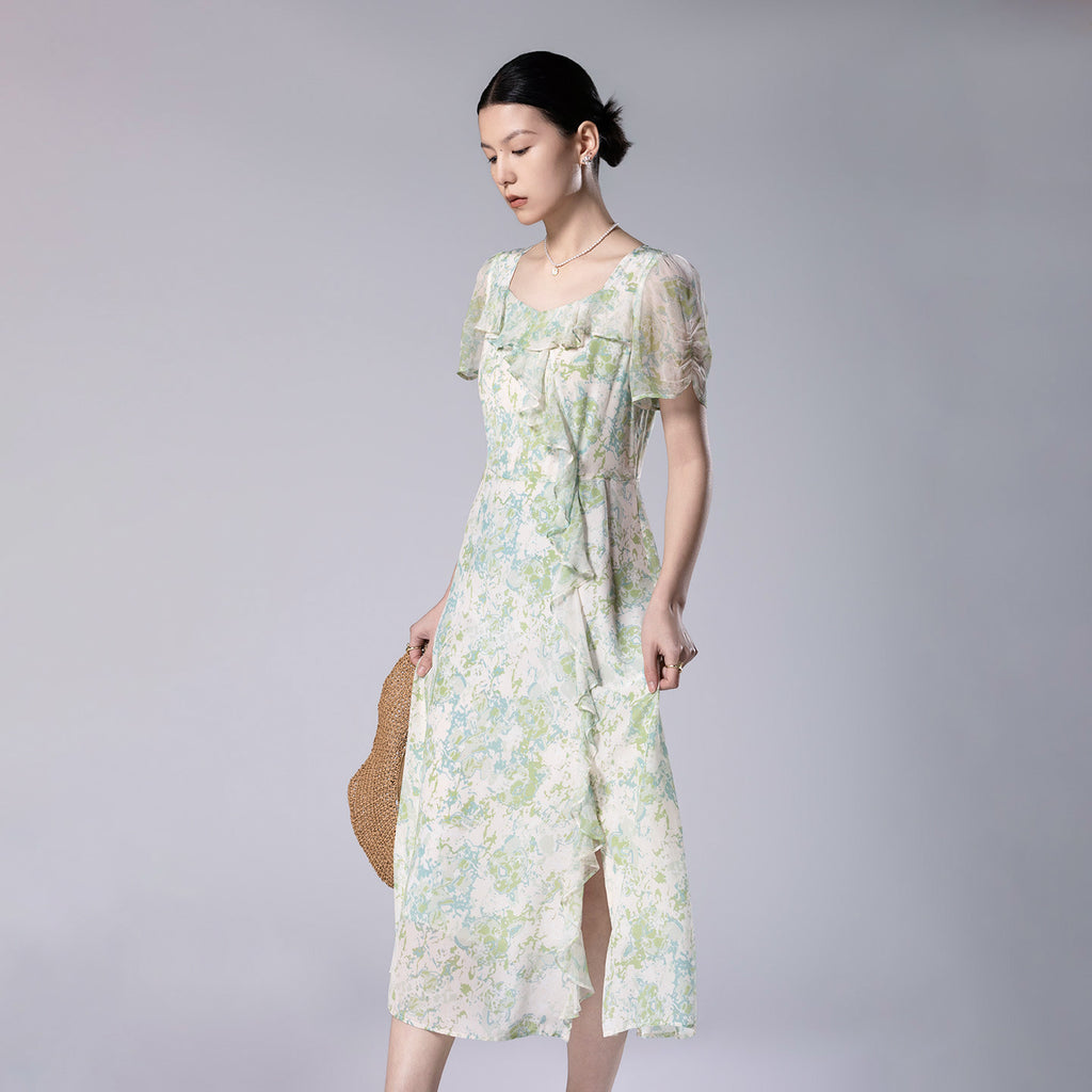 Printed Square Neckline Ruffled Side Slit Midi Dress Made Of Mulberry Silk