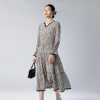 Black And White Textured Printed V-Neck Long-Sleeved Silk Dress