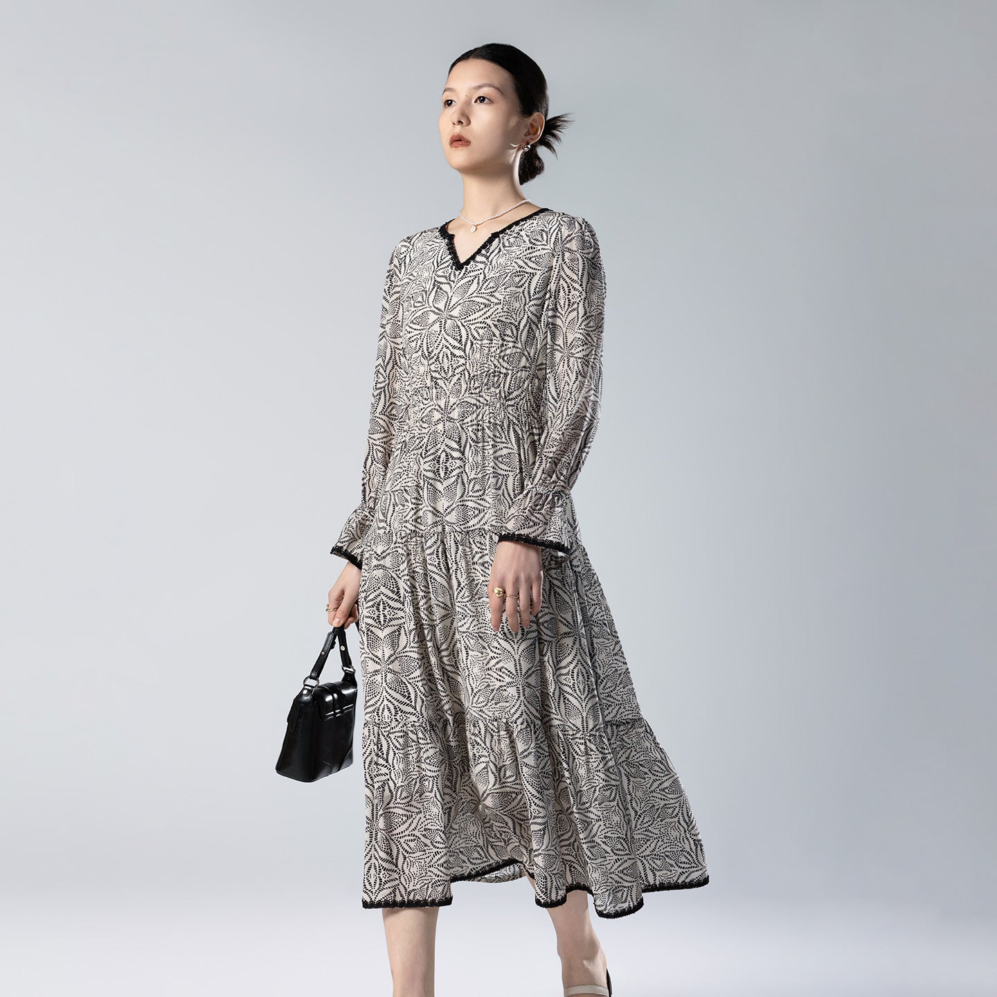 French Elegant Silk Crepe De Chine Dress Black And White Texture Print V-Neck Long Sleeve Waist Slimming Spring Summer Autumn Advanced
