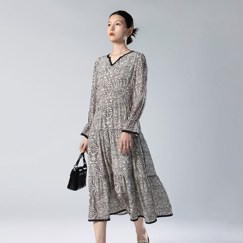 French Elegant Silk Crepe De Chine Dress Black And White Texture Print V-Neck Long Sleeve Waist Slimming Spring Summer Autumn Advanced