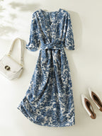 Single-Layer Silk Waist-Cinching Blue And White Porcelain Dress