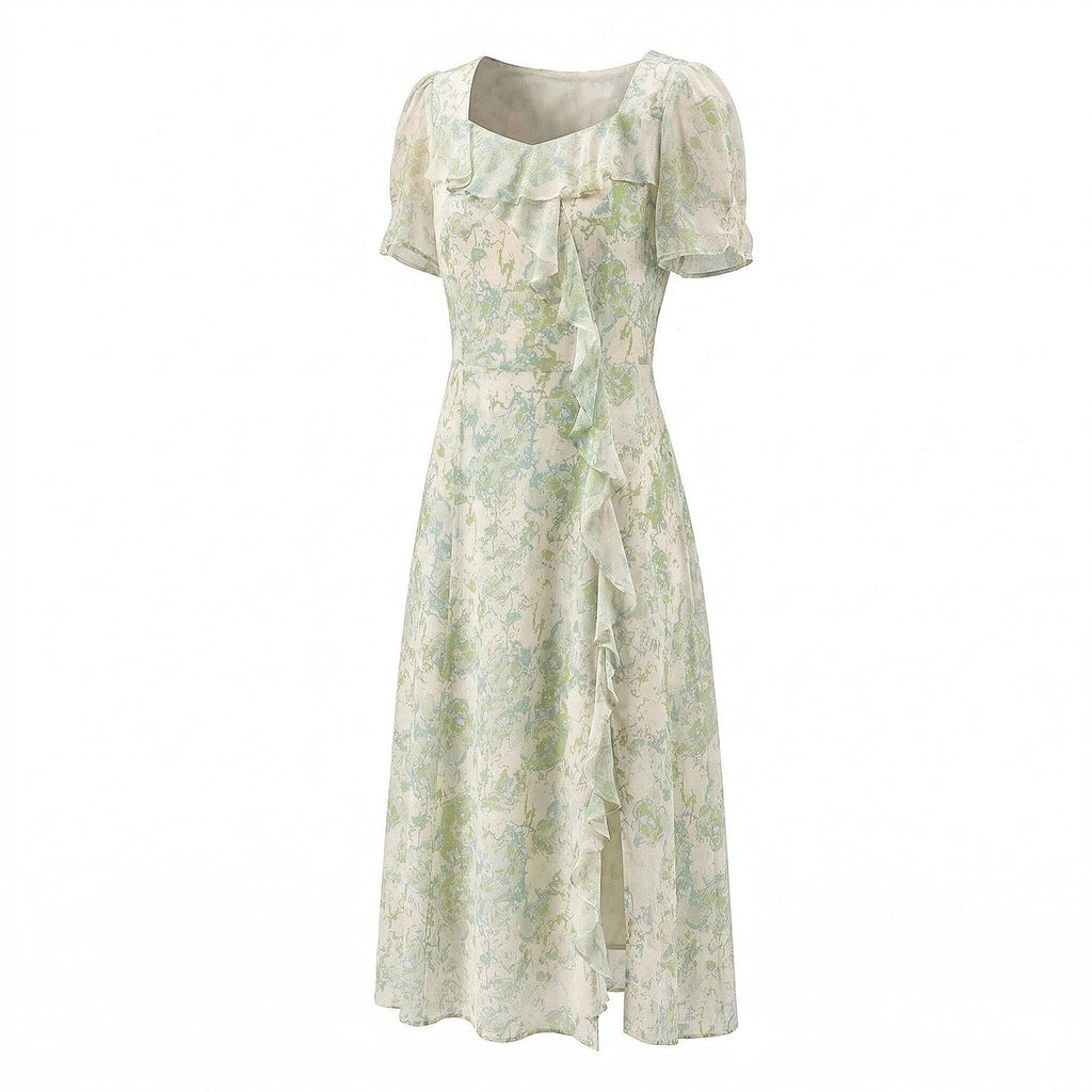 Printed Square Neckline Ruffled Side Slit Midi Dress Made Of Mulberry Silk