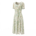 Printed Square Neckline Ruffled Side Slit Midi Dress Made Of Mulberry Silk