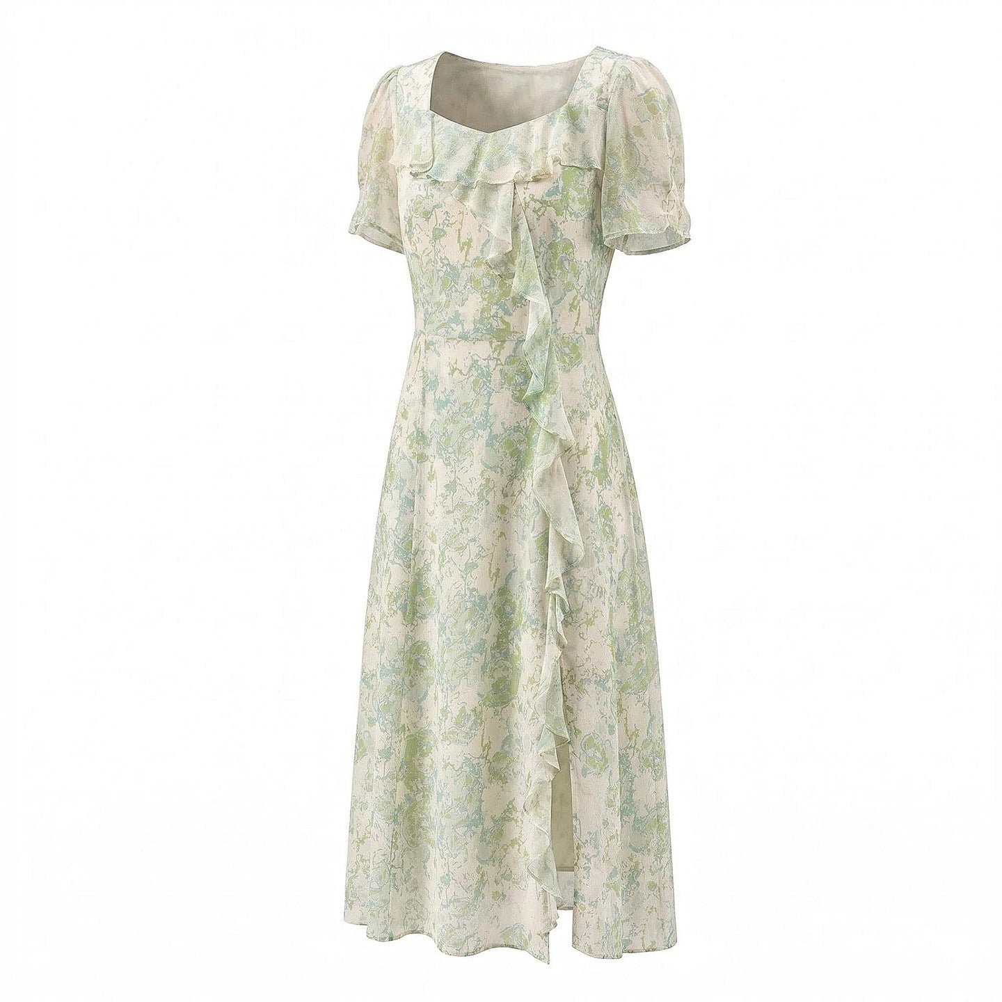 Summer Romantic Aesthetic 100% Mulberry Silk Mid-Length Dress Small Fresh Printed Square Collar Ruffled Side Slit