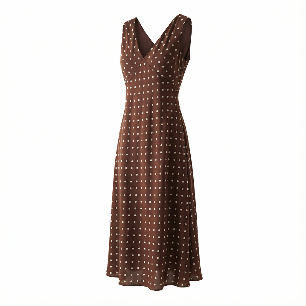 Brown Polka Dot V-Neck Fitted Waist Silk Bias Cut Dress