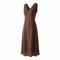 Brown Polka Dot V-Neck Fitted Waist Silk Bias Cut Dress