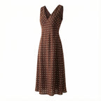 Brown Polka Dot V-Neck Fitted Waist Silk Bias Cut Dress