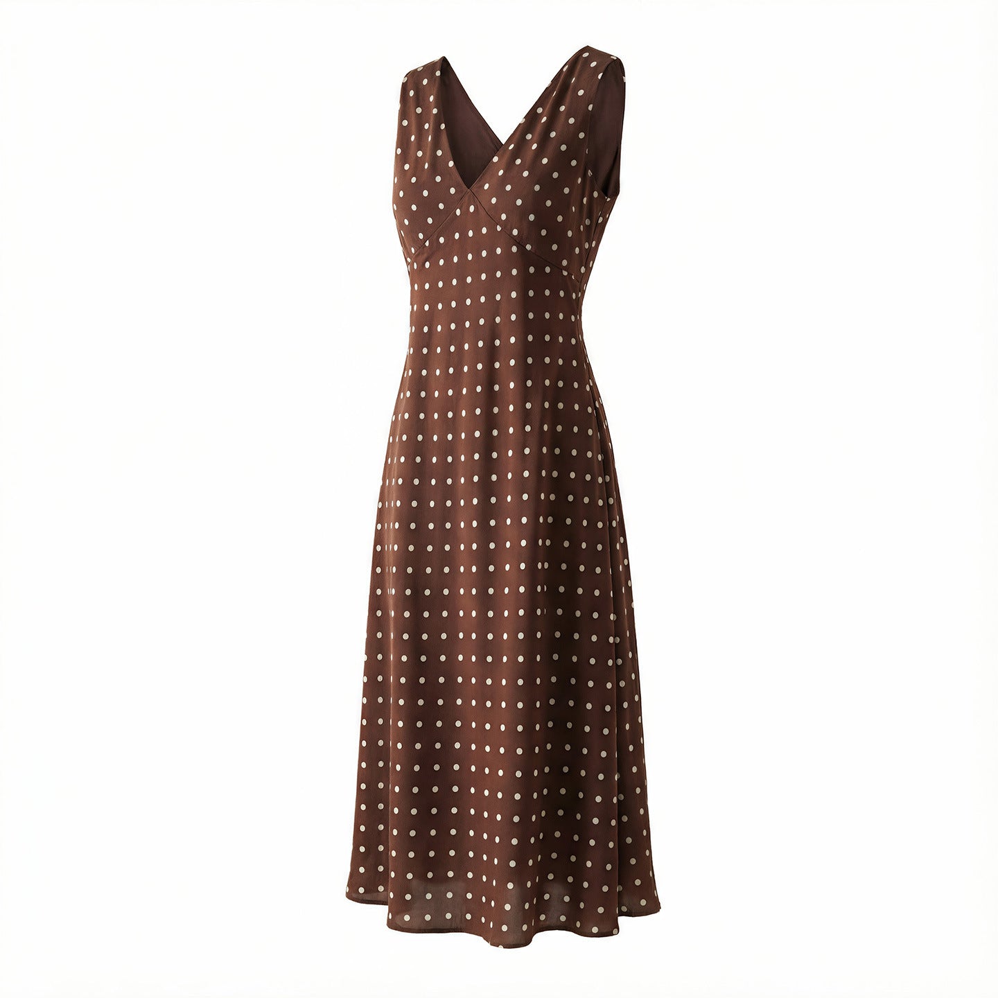 Brown Polka Dot V-Neck Fitted Waist Silk Bias Cut Dress