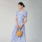 Fresh Blue Leaf V-Neck Fitted One-Piece Dress Made of Mulberry Silk Crepe Print