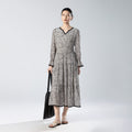Black And White Textured Printed V-Neck Long-Sleeved Silk Dress