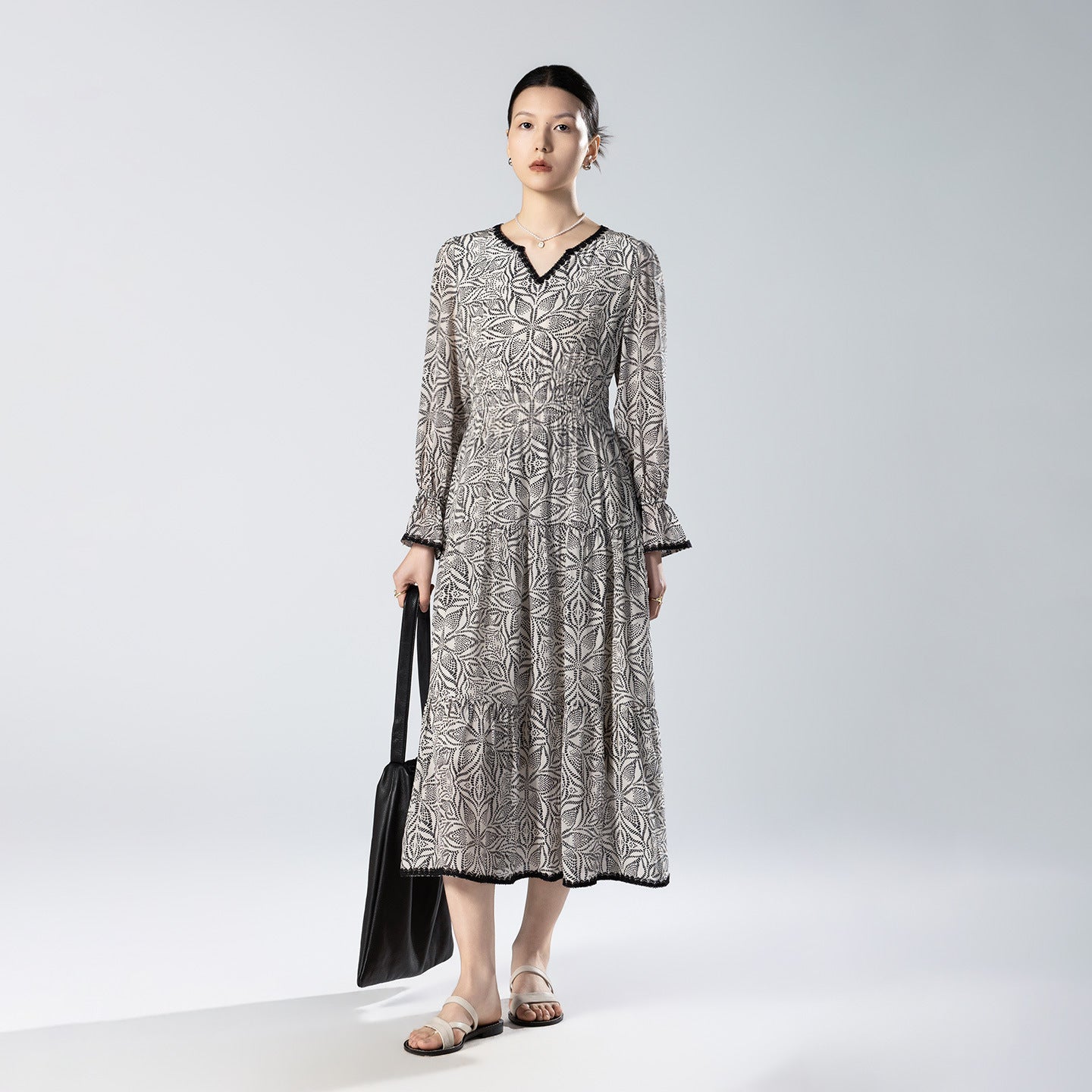 French Elegant Silk Crepe De Chine Dress Black And White Texture Print V-Neck Long Sleeve Waist Slimming Spring Summer Autumn Advanced