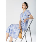 Fresh Blue Leaf V-Neck Fitted One-Piece Dress Made of Mulberry Silk Crepe Print