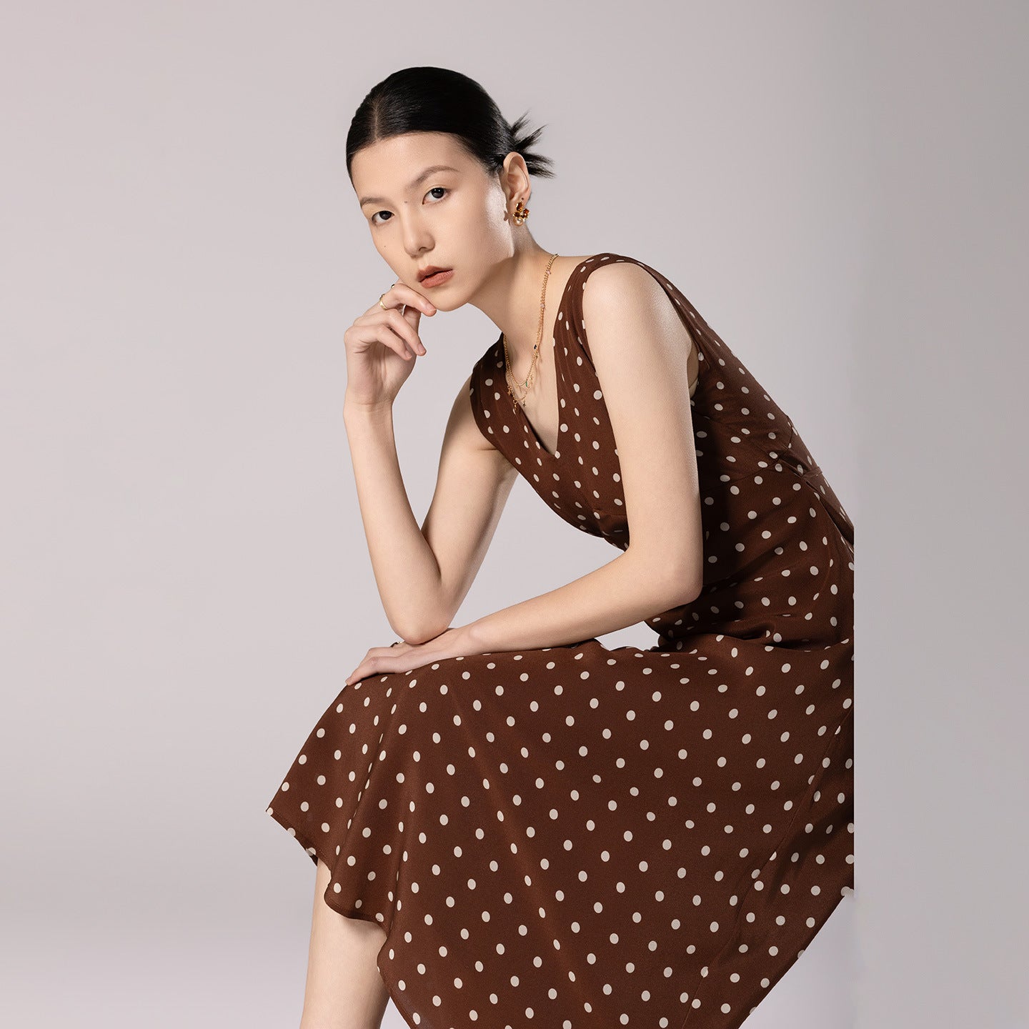 Brown Polka Dot V-Neck Fitted Waist Silk Bias Cut Dress