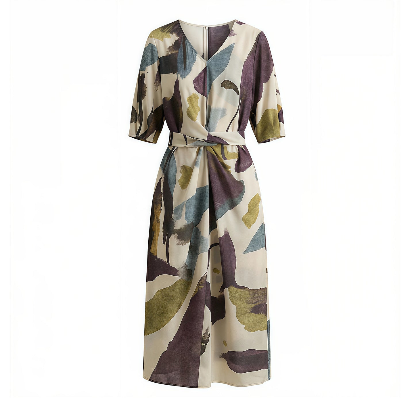 Heavy Silk Single Layer Without Lining! Light Luxury Ink Print Mulberry Silk Dress With Temperament Commuting V-Neck Mid-Length