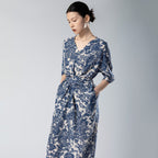 Single-Layer Silk Waist-Cinching Blue And White Porcelain Dress