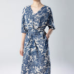 Single-Layer Silk Waist-Cinching Blue And White Porcelain Dress