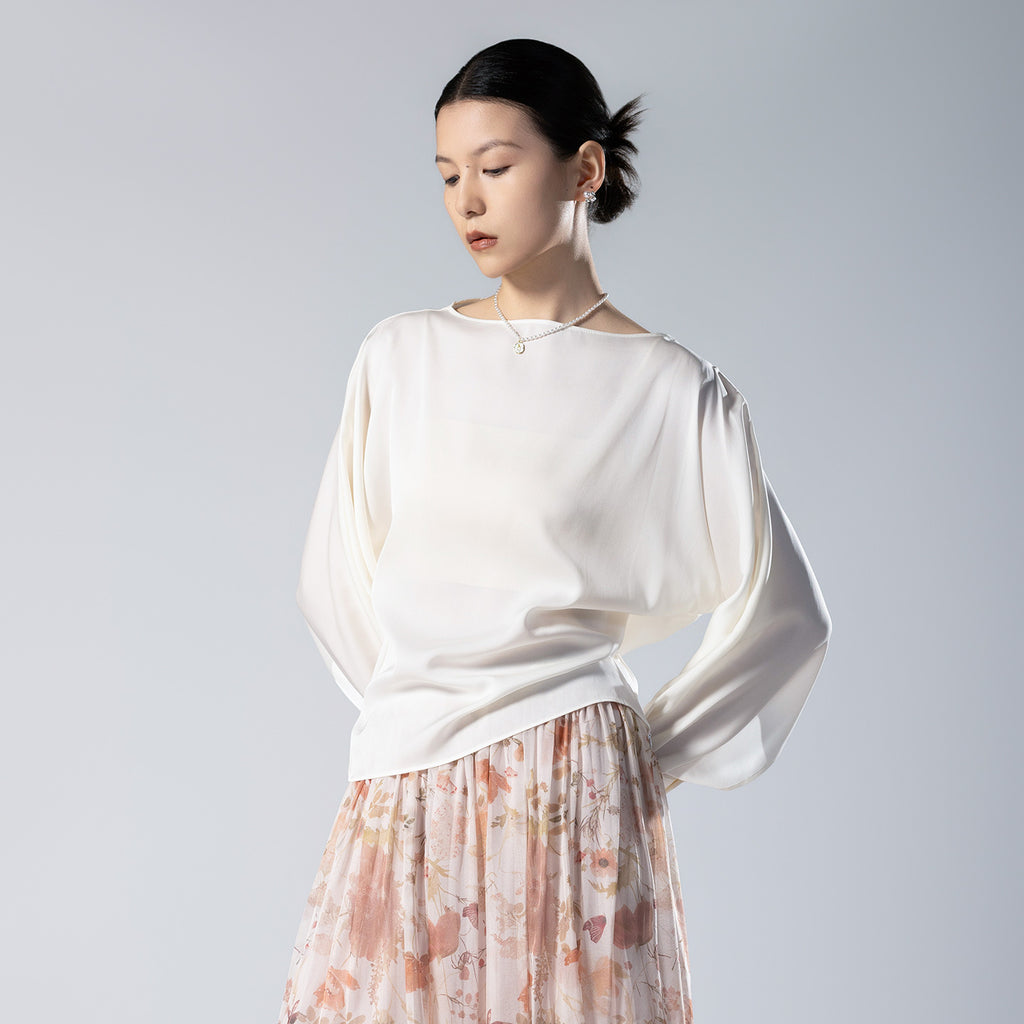 High-end white satin silk shirt with curved hem