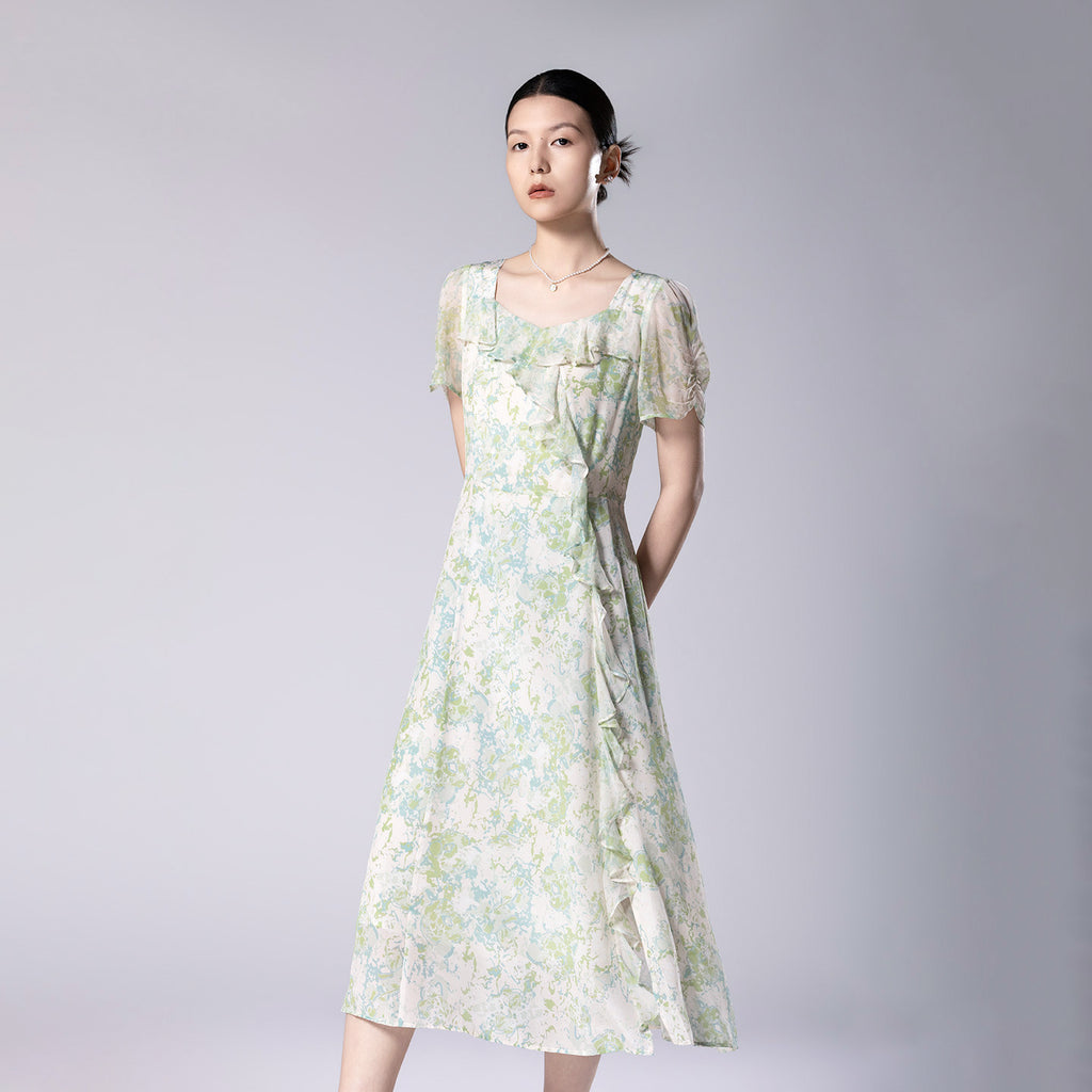 Printed Square Neckline Ruffled Side Slit Midi Dress Made Of Mulberry Silk
