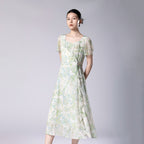 Printed Square Neckline Ruffled Side Slit Midi Dress Made Of Mulberry Silk
