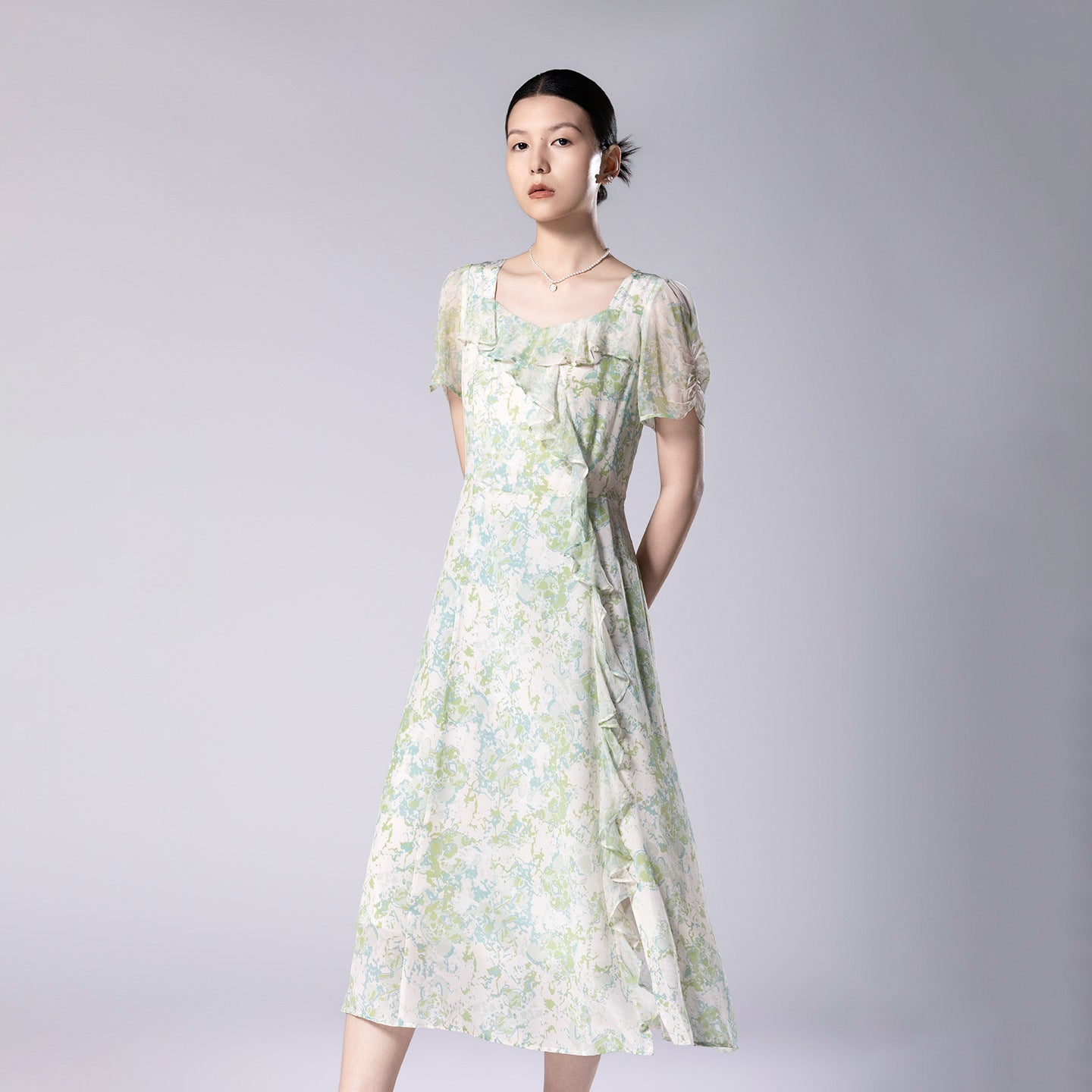 Summer Romantic Aesthetic 100% Mulberry Silk Mid-Length Dress Small Fresh Printed Square Collar Ruffled Side Slit
