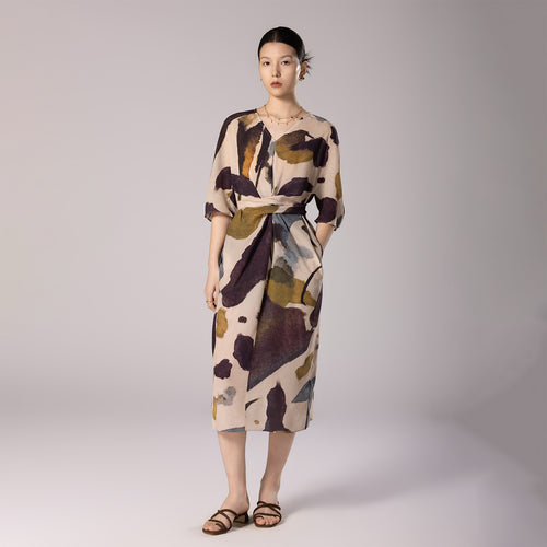 Heavy Silk Single Layer Without Lining! Light Luxury Ink Print Mulberry Silk Dress With Temperament Commuting V-Neck Mid-Length