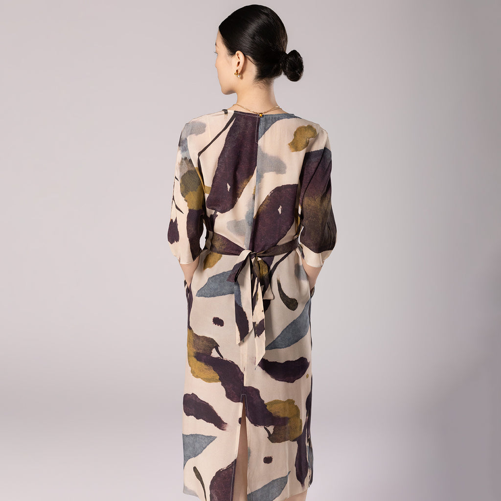 Luxury Ink-Painted Silk V-Neck Midi Dress
