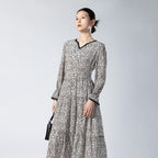 Black And White Textured Printed V-Neck Long-Sleeved Silk Dress