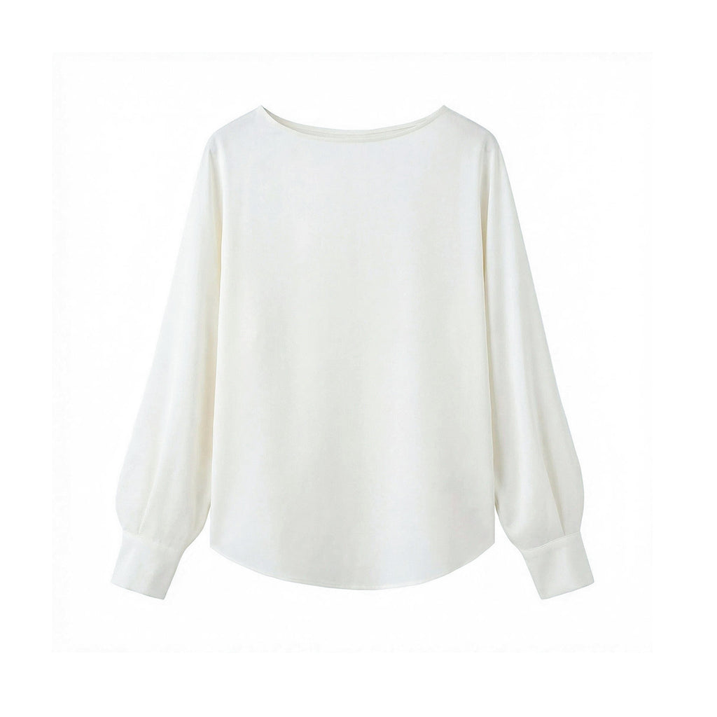High-end white satin silk shirt with curved hem