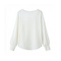 High-end white satin silk shirt with curved hem