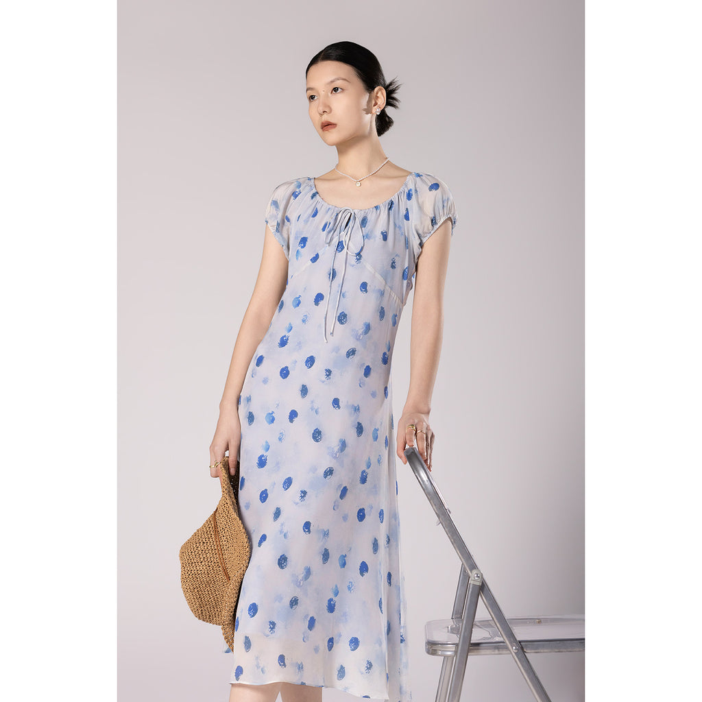Blue Polka Dot Print Silk Dress With Drawstring Wide Round Neck