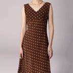Brown Polka Dot V-Neck Fitted Waist Silk Bias Cut Dress