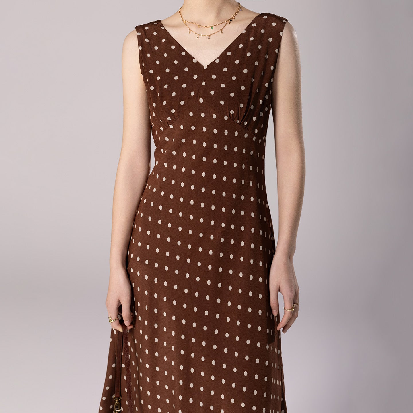 Brown Polka Dot V-Neck Fitted Waist Silk Bias Cut Dress