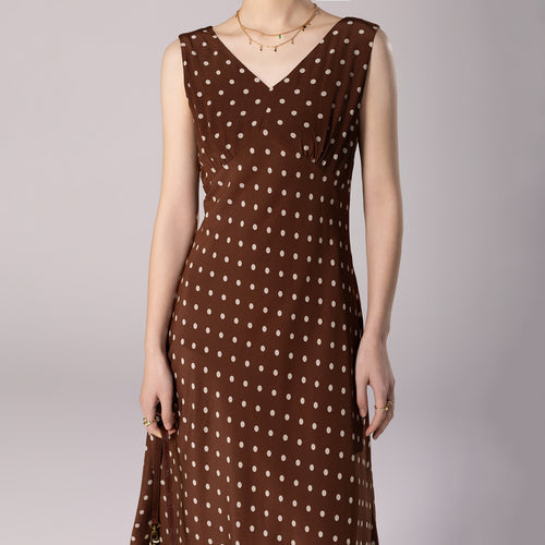 Brown Polka Dot V-Neck Fitted Waist Silk Bias Cut Dress