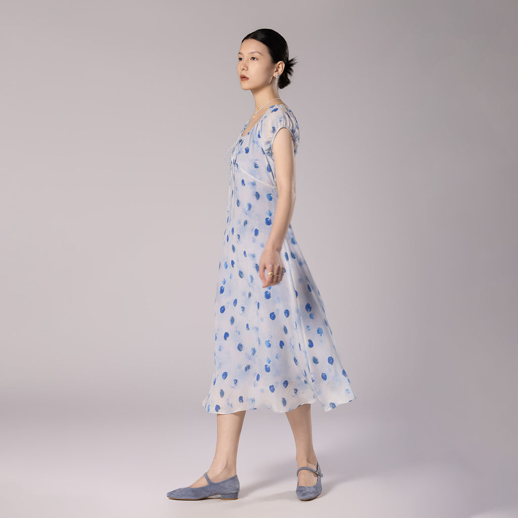 Blue Polka Dot Print Silk Dress With Drawstring Wide Round Neck