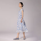Blue Polka Dot Print Silk Dress With Drawstring Wide Round Neck