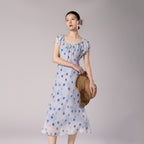 Blue Polka Dot Print Silk Dress With Drawstring Wide Round Neck