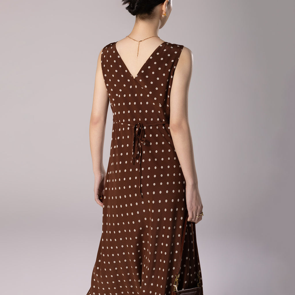 Brown Polka Dot V-Neck Fitted Waist Silk Bias Cut Dress
