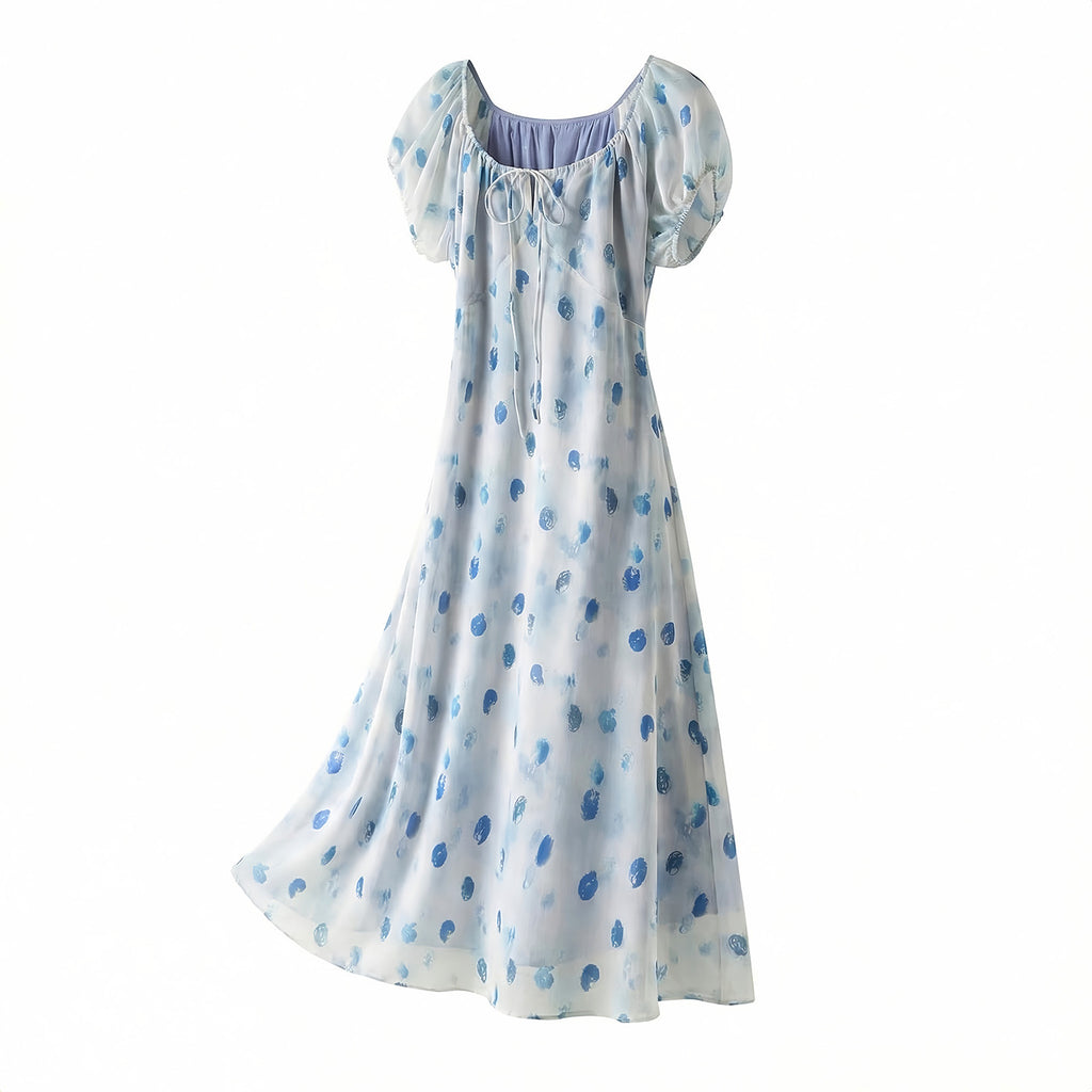 Blue Polka Dot Print Silk Dress With Drawstring Wide Round Neck