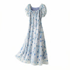 Blue Polka Dot Print Silk Dress With Drawstring Wide Round Neck