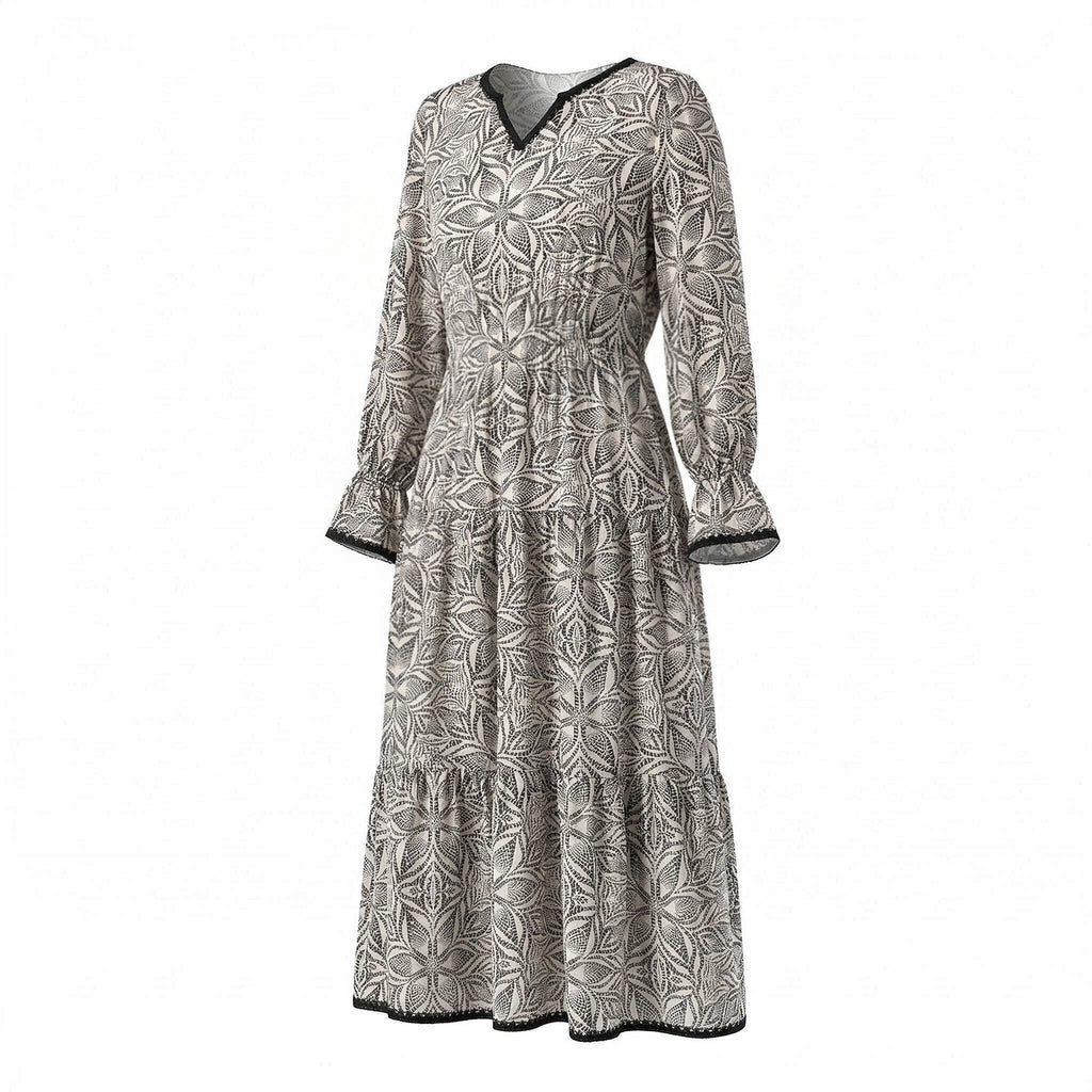 Black And White Textured Printed V-Neck Long-Sleeved Silk Dress