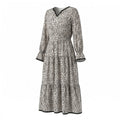 Black And White Textured Printed V-Neck Long-Sleeved Silk Dress