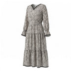 Black And White Textured Printed V-Neck Long-Sleeved Silk Dress