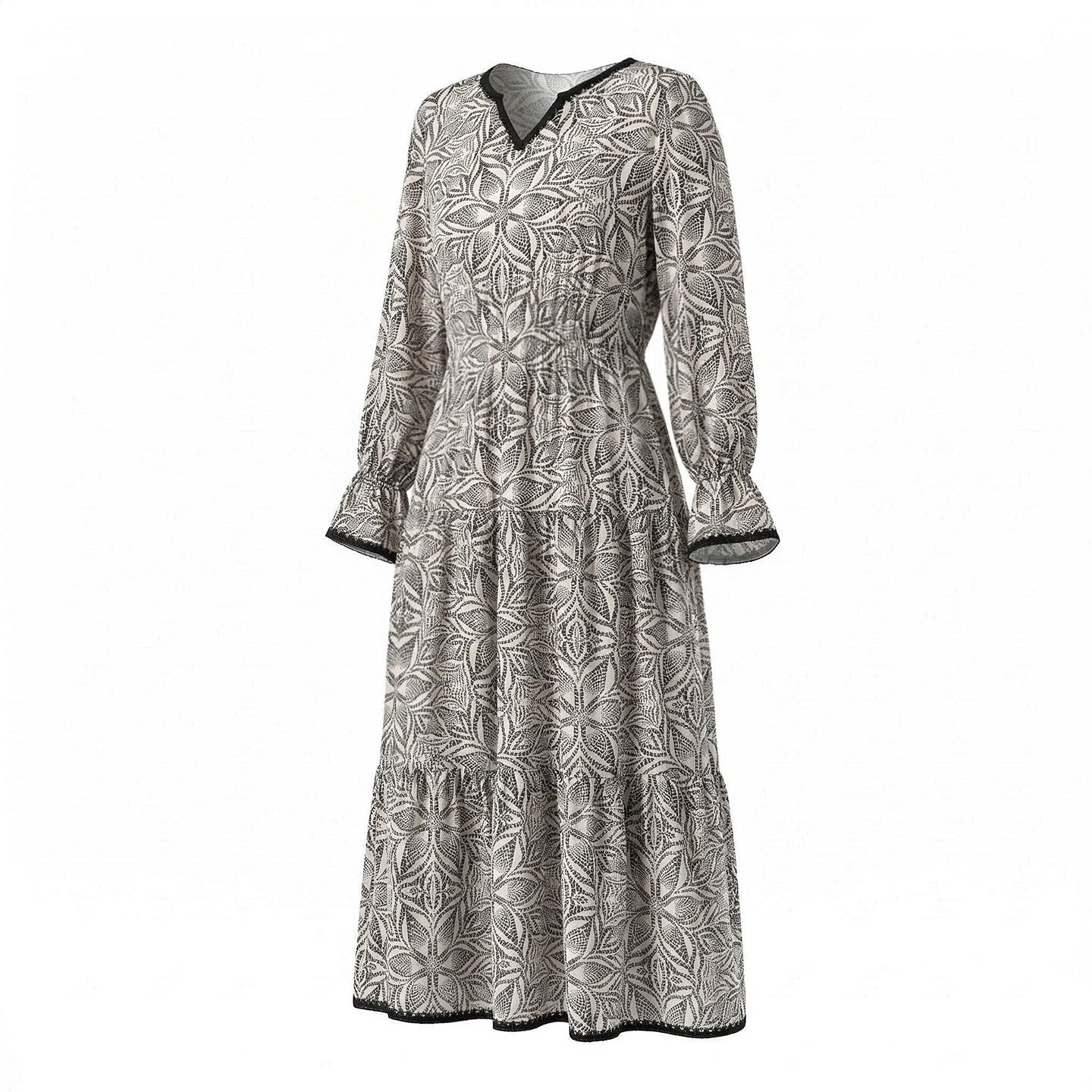 French Elegant Silk Crepe De Chine Dress Black And White Texture Print V-Neck Long Sleeve Waist Slimming Spring Summer Autumn Advanced